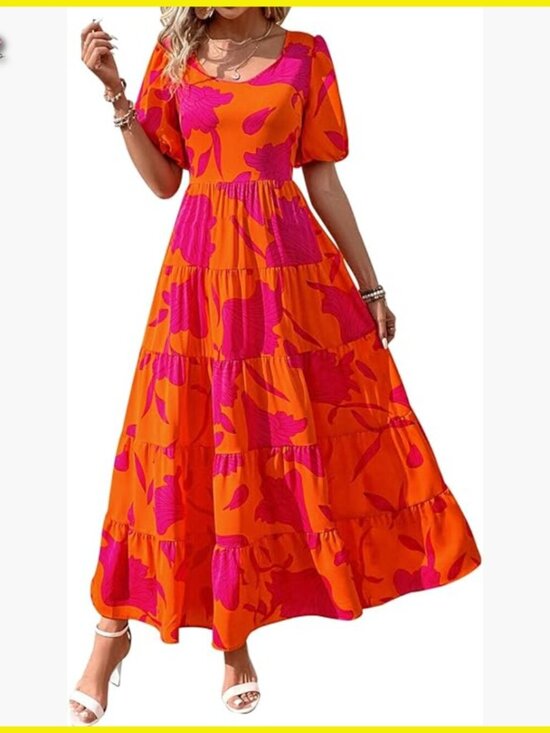 Dresses & Skirts - Floral Maxi Dress Puff Sleeve Tiered Hem Smocked Top Wedding Guest Elegant